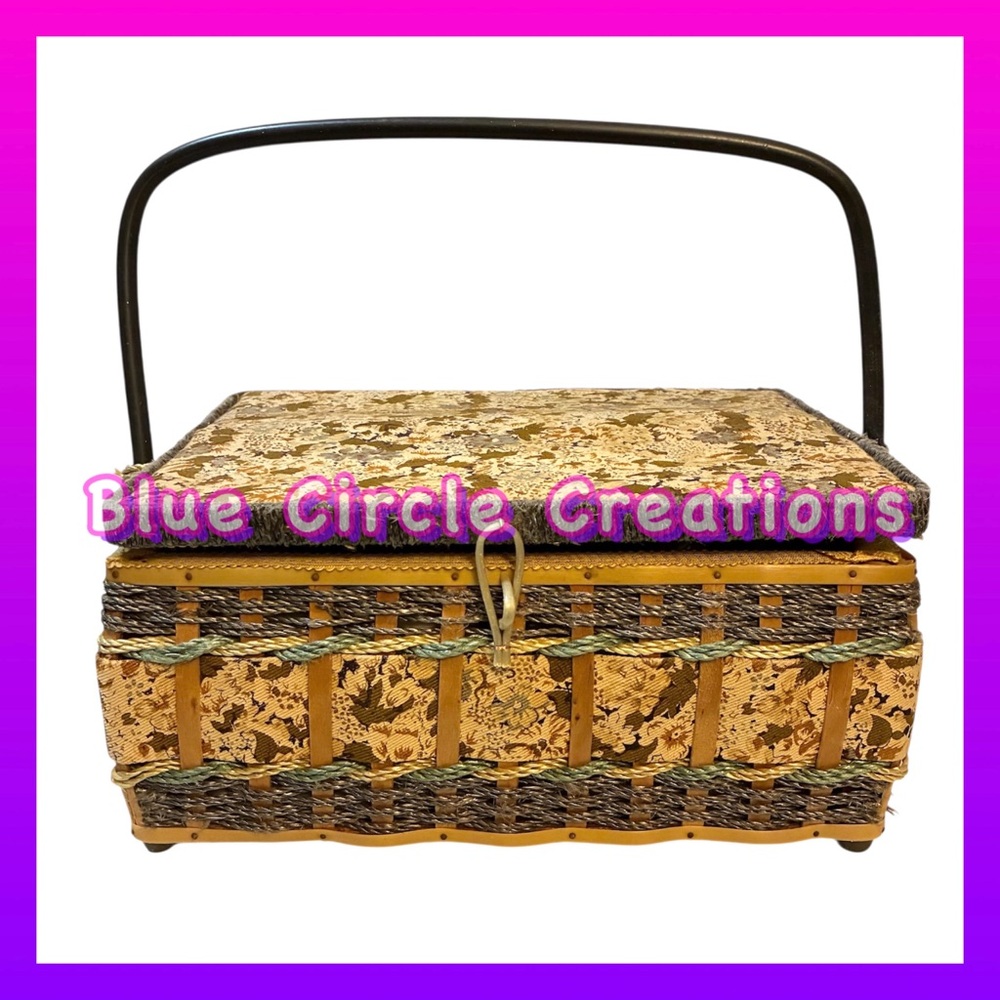 Sewing Kit Basket Vintage Wicker Fabric and Rope filled with Numerous Supplies